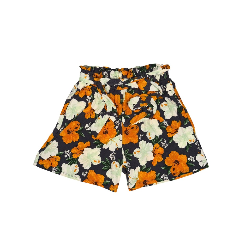 LuLaRoe Tropical Hibiscus Floral Paperbag Waist Shorts Navy Orange Medium F2 - Picture 3 of 9